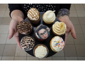 An edible portrait of Whimsical Cupcakes owner Darcy Scott is displayed on a cupcake in her shop's new location at 8211 102 St. in Edmonton on Wednesday, Feb. 6, 2019.