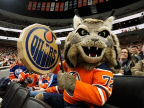 Edmonton Oilers mascot Hunter revs up the crowd versus San Jose Sharks during the third period of a NHL game at Rogers Place in Edmonton on Feb. 9, 2019.