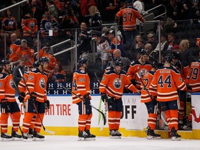 The Edmonton Oilers react to losing to the San Jose Sharks during a NHL game at Rogers Place in Edmonton, on Saturday, Feb. 9, 2019.