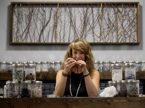 Sage Stone Malas and Meditations owner Annie Hunting makes a lapis lazuli wrist mala at her home in Leduc on Tuesday, Feb. 12, 2019. Hunting will be traveling to Hollywood to showcase her business at a celebrity gift room as part of the Academy Awards celebrations. The Lapis Lazuli wrist mala will be the gift she is presenting.