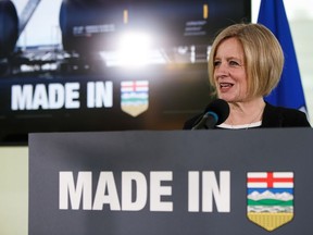 Premier Rachel Notley speaks about the Alberta government's rail deal between Canadian Pacific Railway, Canadian National Railway and the Government of Alberta to move more oil by rail during a news conference in Edmonton on Tuesday, Feb. 19, 2019.