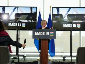 Premier Rachel Notley speaks about the Alberta government's oil-by-rail deal between Canadian Pacific Railway, Canadian National Railway and the Government of Alberta during a news conference in Edmonton on Tuesday.