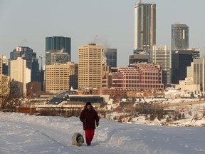 A woman walks her dog along Strathearn Drive as the weather warms in Edmonton, on Tuesday, Feb. 19, 2019.
