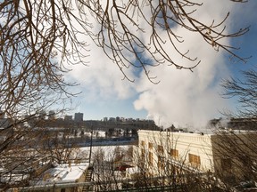 A plume of steam rises from an Alberta Infrastructure power plant on a cold day near the Alberta Legislature in Edmonton, on Monday, Feb. 25, 2019.