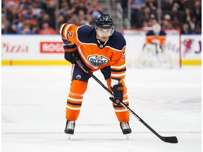 Edmonton Oilers defenceman Andrej Sekera lines up against the St. Louis Blues at Rogers Place on December 21, 2017.