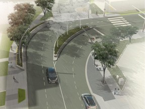 A rendering of the planned pedestrian crossing at Jasper Avenue and 124 Street, which will require traffic signals and advance flasher to mitigate the sight restrictions and risk to pedestrians.