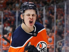 Jesse Puljujarvi of the Edmonton Oilers celebrates his goal against the Vancouver Canucks at Rogers Place on Jan. 20, 2018.