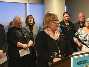 Public School Boards' Association of Alberta president Cathy Hogg speaks at a press conference about a proposal to reduce public funds allotted to Alberta private schools on March 5, 2018. File photo.