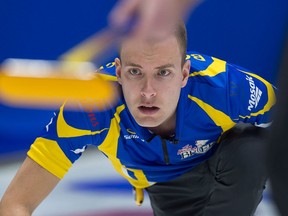 Alberta skip Brendan Bottcher watches a rock as they play Team Canada at the Brier championship at the Brandt Centre in Regina on March 7, 2018