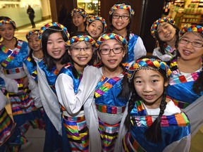 Dancers waiting to perform the Meyonohk Traditional Dance celebrating the Chinese New Year of the Sheep Celebration at the City Centre Mall in Edmonton, February 21, 2015. This is put on by the Edmonton Chinese Bilingual Education Association.