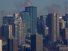 A shrouded view of the downtown Edmonton city skyline on Thursday February 14, 2019 as an extreme cold warning was extended again through Thursday with wind chill values near -40C degrees.