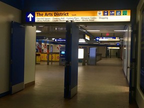 Wayfinding signage in the Churchill LRT station on Feb. 12, 2019.