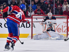 MONTREAL, QC - FEBRUARY 03: Shea Weber #6 of the Montreal Canadiens takes a shot on goaltender Mikko Koskinen #19 of the Edmonton Oilers during the NHL game at the Bell Centre on February 3, 2019 in Montreal, Quebec, Canada.