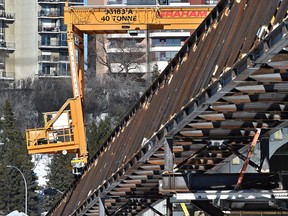A crane has come off  its rail on the Groat Road Bridge construction site causing the bridge to be closed in both directions Wednesday, Feb. 27, 2019.