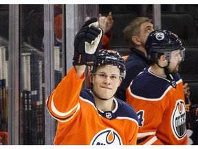 Edmonton Oilers' Jesse Puljujarvi celebrates a goal against the Arizona Coyotes during first period NHL action in Edmonton on March 5, 2018.