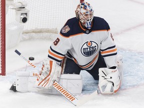 Edmonton Oilers goalie Mikko Koskinen reacts after a goal by Montreal Canadiens defenceman Shea Weber on Feb. 3, 2019, during NHL action in Montreal.