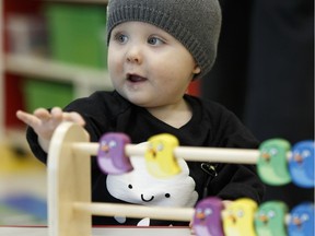 Max Braun, 11-months-old, plays in a publicly funded child care centre.