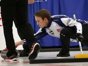 Skip Jeremy Harty throws a rock at the 2019 Alberta Boston Pizza Cup Men's Curling Championship at Ellerslie Curling Club in Edmonton, on Wednesday, Feb. 6, 2019.
