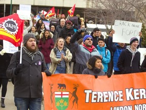 Students march at a lunch hour protest at Western University against the Doug Ford government's decision to cut free tuition for low-income students and other changes to the Ontario Student Assistance Plan (OSAP). Photograph taken on Friday January 18, 2019.