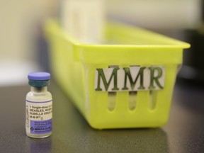 A measles, mumps and rubella vaccine is seen on a countertop at a pediatrics clinic in Greenbrae, Calif. on Feb. 6, 2015. The Public Health Agency of Canada has issued a statement aimed at reminding Canadians that measles is a serious and highly contagious disease and that getting vaccinated is the best protection.