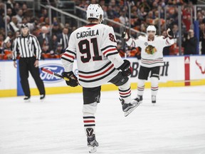 Chicago Blackhawks forward Drake Caggiula celebrates a goal during NHL action against the host Edmonton Oilers on Feb. 5, 2019.