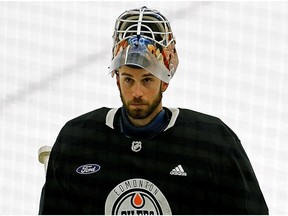 Edmonton Oilers goalie Cam Talbot at team practice in Edmonton on Friday February 8, 2019. The Oilers will play the San Jose Sharks in Edmonton on Saturday February 9, 2019.