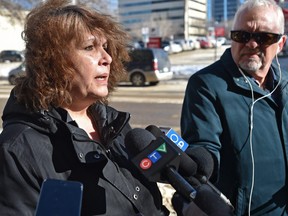 Marliss Taylor, Director of Streetworks and Co-Manager of the supervised consumption site at Boyle Street Community Services, speaks to the media outside Alberta Health Services building in Edmonton, February 28, 2019.