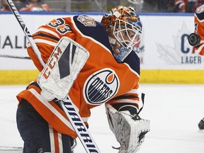 Edmonton Oilers goalie Cam Talbo makes a save during NHL action against the San Jose Sharks in Edmonton on Feb. 9, 2019.