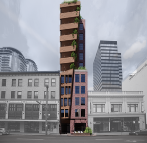 Proposed rendering for The Wedge, an 11-storey mixed-use residential development next to the Birks Building on Jasper Avenue. (Provided by Holo-Blok)