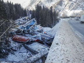 A train derailment is shown near Field, B.C., Monday, Feb. 4, 2019. A union representative says a Canadian Pacific freight train fell more than 60 metres from a bridge near the Alberta-British Columbia boundary in a derailment that killed three crew members. The westbound freight jumped the tracks Monday at about 1 a.m. near Field, B.C.