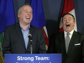 Former Edmonton Eskimos president and CEO Len Rhodes, left, will be the UCP candidate for Edmonton-Meadows in the upcoming provincial election, UCP Leader Jason Kenney said on Thursday, Feb. 21, 2019.