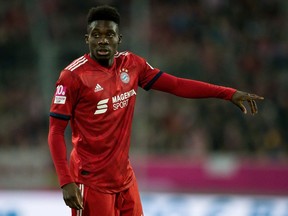 Alphonso Davies of Bayern Munich gestures during their Telekom Cup 2019 Final against Borussia Moenchengladbach at Merkur Spiel-Arena in Dusseldorf, Germany, on Jan. 13, 2019.