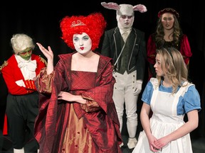 (left to right) Hope Kulka, Haylee McBride, Garett Biddiscombe, Chelsea Letwin and Mikayla Duiker perform in the Sturgeon Composite High School's production of Alice in Wonderland, Wednesday March 13, 2019. Photo by David Bloom