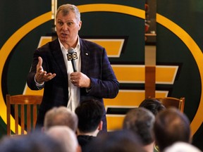 CFL commissioner Randy Ambrosie speaks during a public forum at Boston Pizza Ice District in Edmonton, on Thursday, March 14, 2019. Ambrosie spoke about efforts to grow the league's player base, fan base and number of teams.