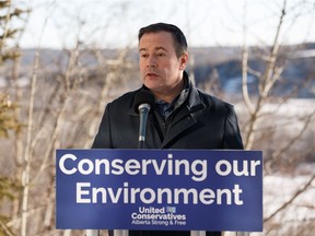 United Conservative Party Leader Jason Kenney announces that his party, if elected, would support the creation of Big Island Provincial Park in the North Saskatchewan River Valley during a press conference in Edmonton, on Saturday, March 16, 2019.