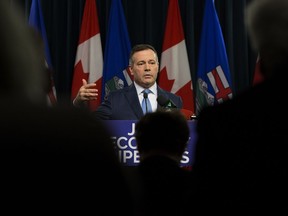 UCP leader Jason Kenney speaks to the media as he responds to the Speech from the Throne at the Alberta Legislature, in Edmonton Monday March 18, 2019.