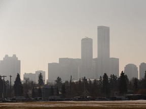 The downtown skyline is seen on a hazy day from Airways Park in Edmonton, on Friday, March 22, 2019.