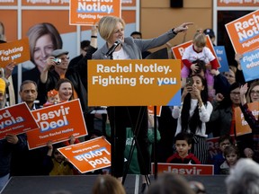 Alberta NDP Leader Rachel Notley speaks to the crowd during a campaign stop at Jasvir Deol's Edmonton Meadows campaign office, 5165 55 Ave., in Edmonton Friday March 22, 2019.