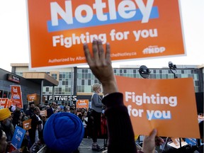 Alberta NDP Leader Rachel Notley speaks to the crowd during a campaign stop at Jasvir Deol's Edmonton Meadows campaign office, 5165 55 Ave., in Edmonton Friday March 22, 2019.