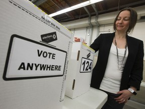 Elections Alberta Director of Operations and Communications Pamela Renwick demonstrates how advance polls in the provincial general election will be used, during a press conference in Edmonton Tuesday March 26, 2019. Photo by David Bloom