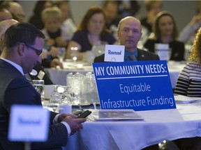 Signs stating community needs are visible on tables as participants at the Alberta Municipalities Association convention watch provincial political party addresses at the Edmonton Convention Centre on March 28, 2019.