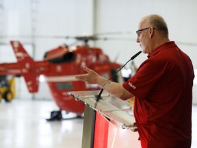 Survivor Brian Smith speaks about surviving a skydiving accident with the assitance of STARS  during a press conference at STARS Edmonton Base at Edmonton International Airport in Nisku, on Friday, March 29, 2019. The federal government is spending $65 million to fund five of nine new, modern helicopters to update the rescue service's fleet.