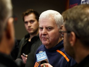 Edmonton Oilers' head coach Ken Hitchcock speaks with the media after an optional practice at Rogers Place in Edmonton, on Friday, March 29, 2019.