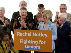 NDP Leader Rachel Notley announces her party's plan to give full drug coverage to Alberta's low and middle income seniors during a campaign stop at the Common Ground coffee shop, in Sherwood Park on Friday, March 29, 2019.