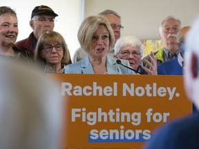 Alberta NDP Leader Rachel Notley announces her party's plan to give full drug coverage to Alberta's low and middle income seniors during a campaign stop at the Common Ground coffee shop, in Sherwood Park Friday March 29, 2019.