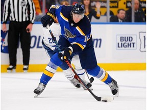 ay Bouwmeester of the St. Louis Blues shoots the puck against the Toronto Maple Leafs at the Enterprise Center on February 19, 2019 in St. Louis, Missouri.