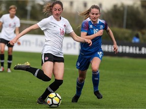 Canadian midfielder Janine Beckie, left, plays the ball in front of Iceland midfielder Elin Jensen at the Algarve Cup in Parchal, Portugal on Wednesday, Feb. 27, 2019. The game finished in a 0-0 tie.
