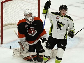 Edmonton Oil Kings Josh Williams celebrates a goal by teammate Vince Loschiavo against Medicine Hat Tigers goalie Mads Sogaard during second period WHL hockey game action at Rogers Place on Friday March 1, 2019.