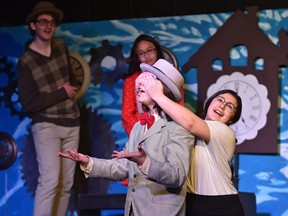 Jacob Jadziewicz plays Mortimer Mortimer and Payten Semaniuk plays Nelly Fail in Holy Trinity School production of a Failure: A Love Story for Cappies in Edmonton, March 7, 2019.