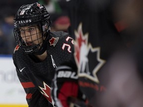 Team Canada's Dylan Cozens (22) faces Team Switzerland at the 2018 Hlinka Gretzky Cup at Rogers Place, in Edmonton Monday Aug. 6, 2018.